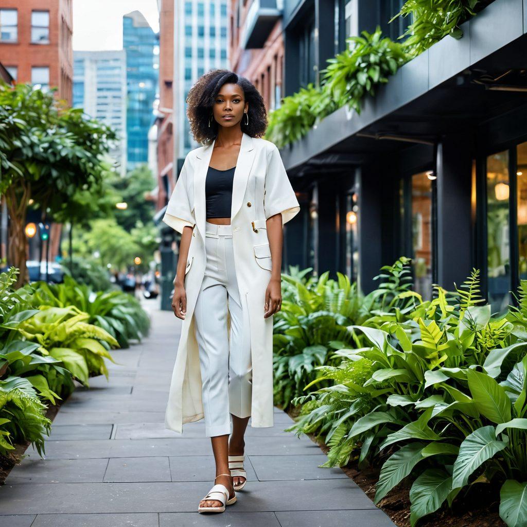 An elegant model wearing a blend of sustainable, contemporary fashion showcasing organic fabrics and innovative designs, surrounded by lush greenery and urban architecture. The scene captures the harmony between nature and modern style, with soft natural lighting highlighting eco-friendly accessories. Stylish footwear made from recycled materials complements the look, while the background features vibrant plants and a futuristic cityscape. super-realistic. vibrant colors. eco-friendly theme.