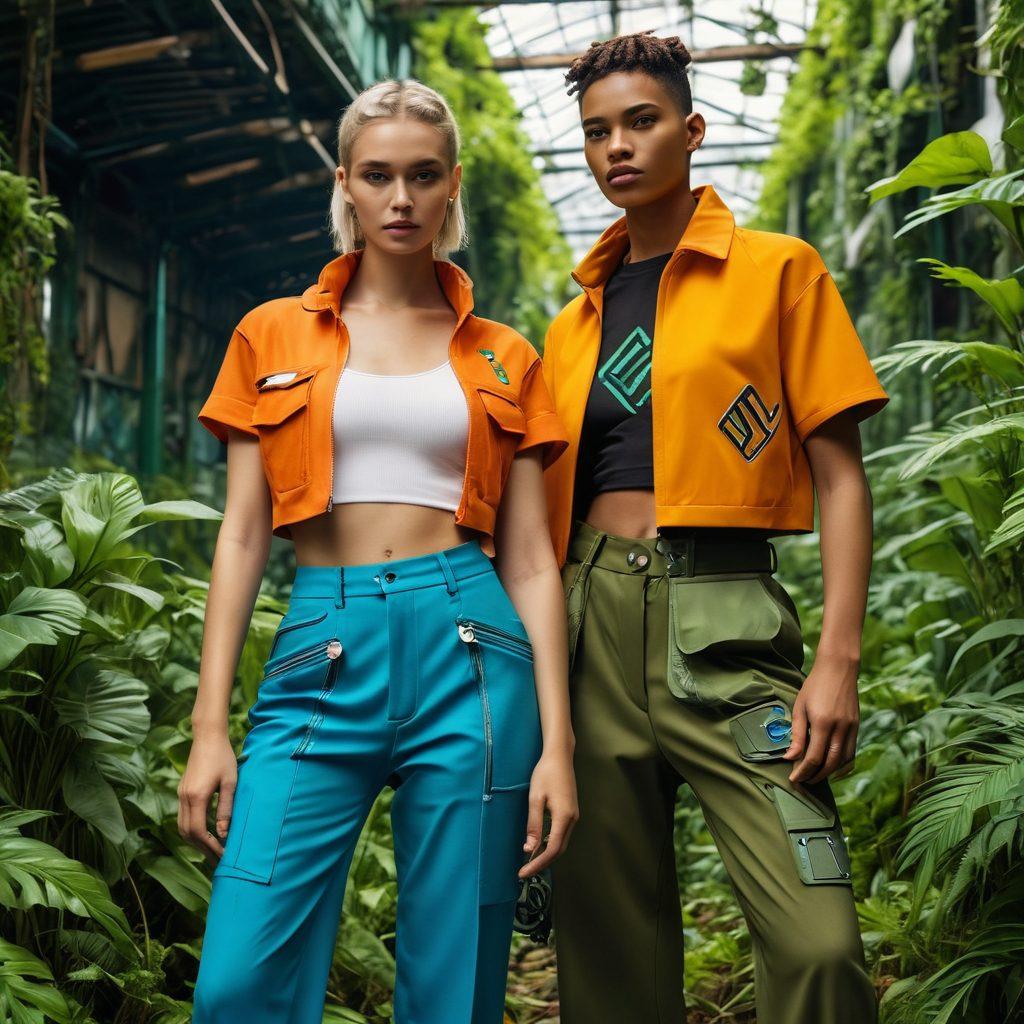 A dynamic fashion scene showcasing diverse models wearing eco-friendly and trendy outfits, surrounded by lush greenery and upcycled materials. Include elements of sustainability like recycling symbols and organic fabrics, with vibrant colors to emphasize style and ethics. The background should blend urban and natural environments, symbolizing the fusion of fashion and sustainability. Cyberpunk style with a modern twist.