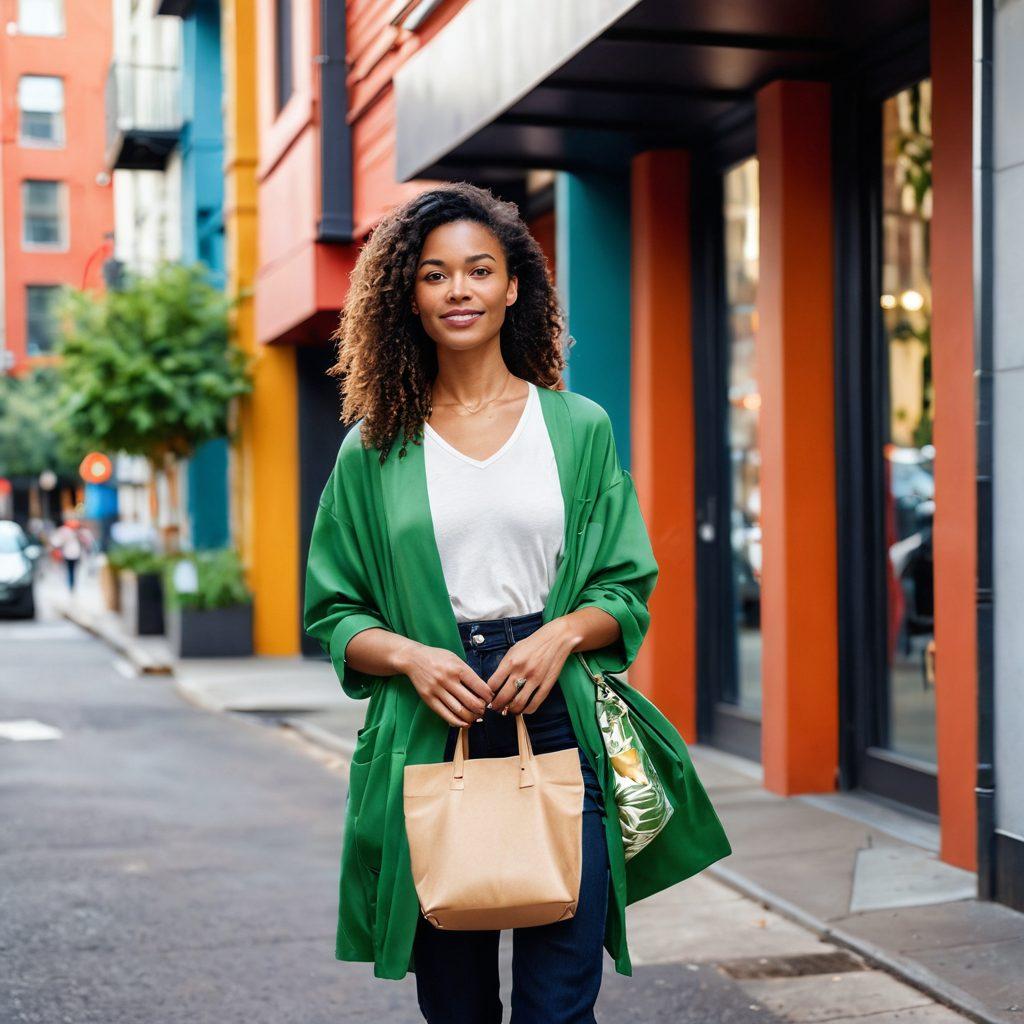 A stylish urban woman walking confidently down a vibrant city street, adorned in eco-friendly fashion made from sustainable materials. The backdrop features modern city architecture with greenery incorporated into the design, emphasizing an eco-conscious lifestyle. She carries a reusable bag and wears accessories made from recycled materials, showcasing the blend of fashion and sustainability. Natural sunlight filters through the buildings, creating a warm ambiance. super-realistic. vibrant colors. urban setting.